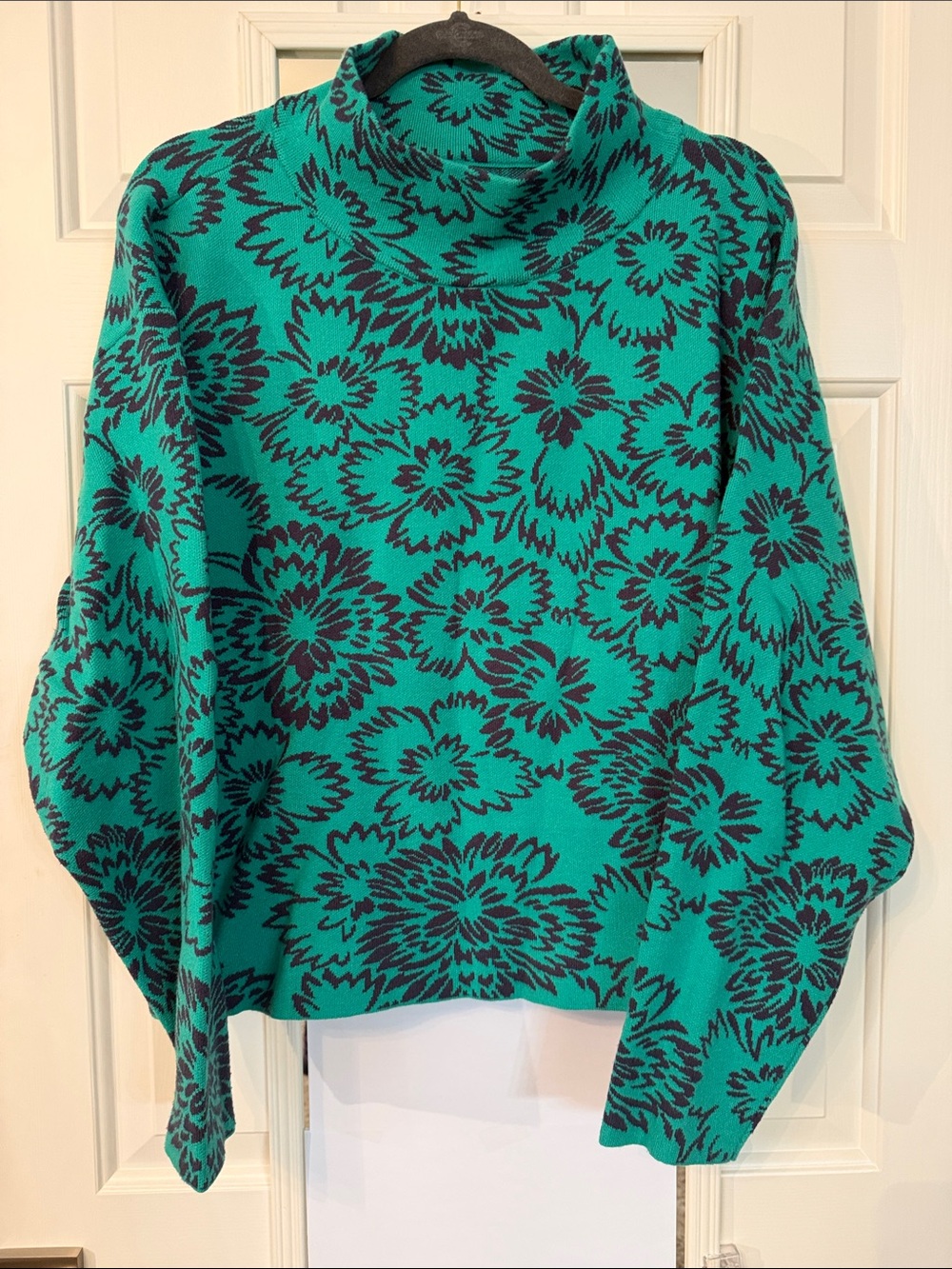 Anthropologie Teal and Black Floral Turtleneck Sweater